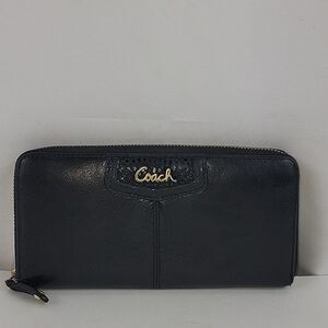 Coach Ashley Leather Wallet Accordion 3 Side Zip Black Wristlet